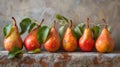 A row of pears with leaves on them are lined up, AI Royalty Free Stock Photo