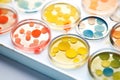 row of petri dishes with colorful bacterial colonies Royalty Free Stock Photo