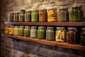 row of pickle jars with rustic kitchen background Royalty Free Stock Photo