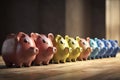 A row of piggy banks of different sizes and colors AI generated