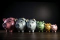 A row of piggy banks of different sizes and colors AI generated