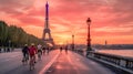 A row of pink bicycles at a docking station in Paris with the iconic Eiffel Tower in the background, under a fiery Royalty Free Stock Photo