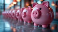 Row of pink piggy banks on a table Royalty Free Stock Photo