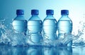 Row of plastic water bottles with blue caps. Clear liquid with splash and bubbles. Refreshment and hydration concept for drinks Royalty Free Stock Photo