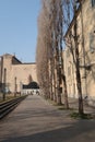 Row of poplar trees in Piazza della Pace in Parma, background with monument to Giuseppe Verdi Royalty Free Stock Photo