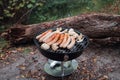 Row of pork and beef bratwurst grilling over a barbecue fire on the summer vacation Royalty Free Stock Photo