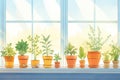 a row of potted organic herb plants in a sunny window