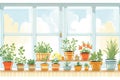 a row of potted organic herb plants in a sunny window