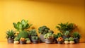 A row of potted plants against a bright yellow wall Royalty Free Stock Photo