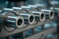 Row of precision-engineered metal cylinders with threaded interiors on a machine part, automotive or industrial context. Royalty Free Stock Photo