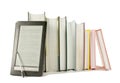 Row of printed books with electronic book reader Royalty Free Stock Photo