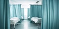 A row of pristine hospital beds and privacy curtains, contrasted against a calming background, concept of Medical