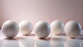 A row of pristine white volleyballs on a reflective surface against a soft pink backdrop. Generative AI Royalty Free Stock Photo