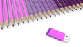 Row of purple pencils with usb flash drive Royalty Free Stock Photo