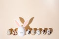 Row of quail eggs with one egg in the form of an easter bunny on a beige background in the sunlight Royalty Free Stock Photo