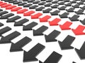Row with red arrows between rows with black arrows