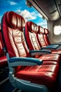 Row of red and blue seats in airplane with blue sky in the background. Generative AI Royalty Free Stock Photo