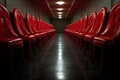 Row of red chairs in an empty cinema hall. 3d rendering, red chairs lined up in a row in a room, AI Generated Royalty Free Stock Photo