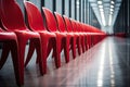 row of red chairs in empty hall, shallow depth of field, red chairs lined up in a row in a room, AI Generated Royalty Free Stock Photo