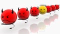 Row of red devils characters with angel character in the middle Royalty Free Stock Photo