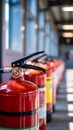 Row of Red Fire Extinguishers Against Blurred Industrial Wall With Fluorescent Lighting Royalty Free Stock Photo