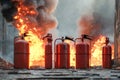 Row of of red fire extinguishers with fire on background Royalty Free Stock Photo