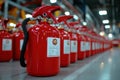 A row of red fire extinguishers in a factory setting, ready for use in case of emergency Royalty Free Stock Photo