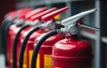 A row of red fire extinguishers, one focused with silver nozzle and yellow label, blurred background Royalty Free Stock Photo