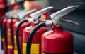 A row of red fire extinguishers, one focused with silver nozzle and yellow label, blurred background Royalty Free Stock Photo