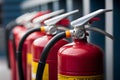 A row of red fire extinguishers, one focused with silver nozzle and yellow label, blurred background Royalty Free Stock Photo