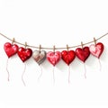Row of Red Heart Shapes Hanging on String Against White Background Royalty Free Stock Photo
