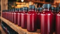 Row of red juice bottles on a wooden shelf. Royalty Free Stock Photo