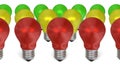Row of red light bulbs in front of yellow and green ones Royalty Free Stock Photo