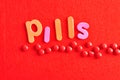 A row of red pills with the word pills Royalty Free Stock Photo