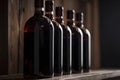 Row of red wine bottles on a wooden shelf, created with generative AI Royalty Free Stock Photo