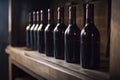 Row of red wine bottles on a wooden shelf, created with generative AI Royalty Free Stock Photo