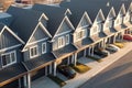 A row of residential townhomes or townhouses in suburb, Concept of real estate development, the housing market, and