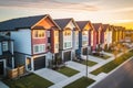 A row of residential townhomes or townhouses in suburb, Concept of real estate development, the housing market, and