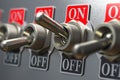 Row of retro toggle switch ON OFF on metal background