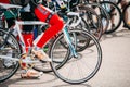 Row of road bicycles bikes at opening of the cycling season in c