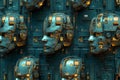 A row of robot heads with a metallic, futuristic look