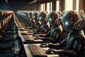 Row of robot heads sitting on top of laptop computer. Generative AI Royalty Free Stock Photo