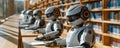 Row of robots in a library setting, studying and learning Royalty Free Stock Photo