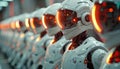A row of robots with orange lights on their helmets by AI generated image Royalty Free Stock Photo