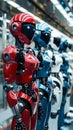 A row of robots standing next to each other in a factory. Generative AI