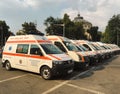 Row of Romanian ambulances parked in the city of Bucharest