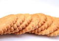 A row of round crackers on a white background Royalty Free Stock Photo