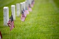 A row of American Flags and gravestones in a National Cemetery - Memorial Day Royalty Free Stock Photo