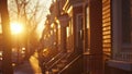 A row of rowhouses creates a striking silhouette as the sun sets behind them