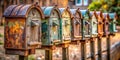 A row of rustic, weathered mailboxes on wooden posts, showing the passage of time and the enduring nature of communication. Royalty Free Stock Photo